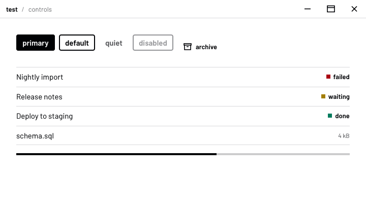 rekta-core: buttons, rows with status tags and a progress line