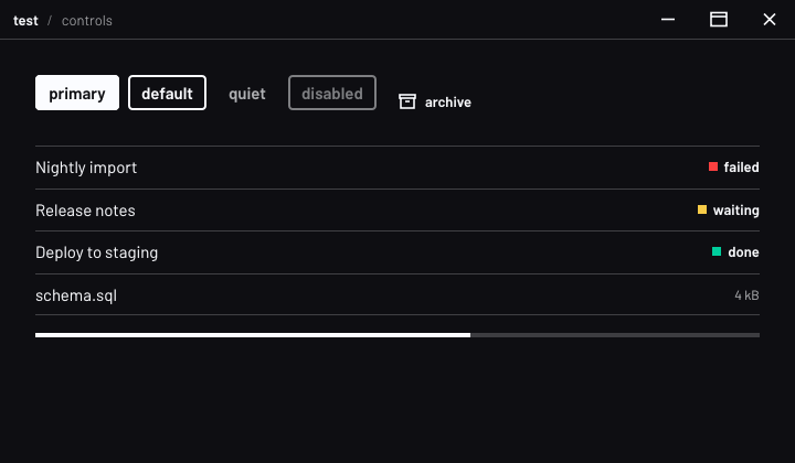 rekta-core: buttons, rows with status tags and a progress line, in dark