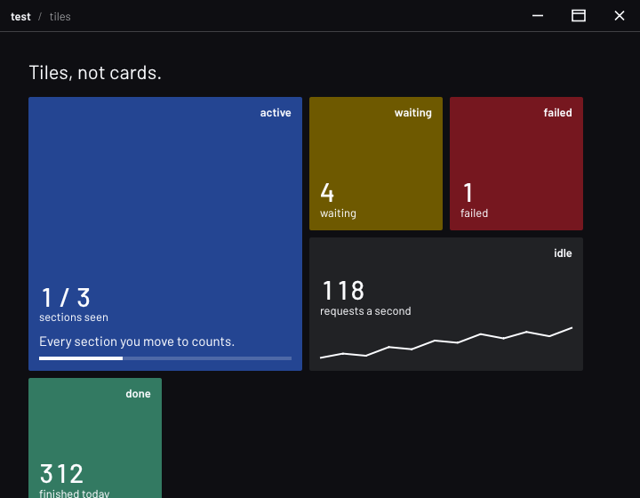 rekta-core: status tiles in dark, a sparkline and a progress line
