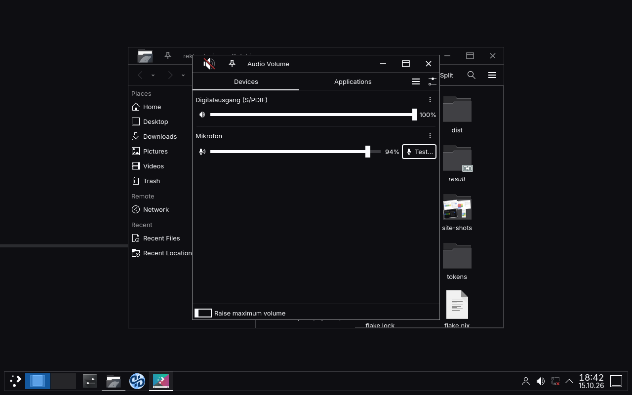 KDE Plasma in Rekta Dark: a flush panel with a hairline, Dolphin and the volume applet with 6px sliders and ink thumbs