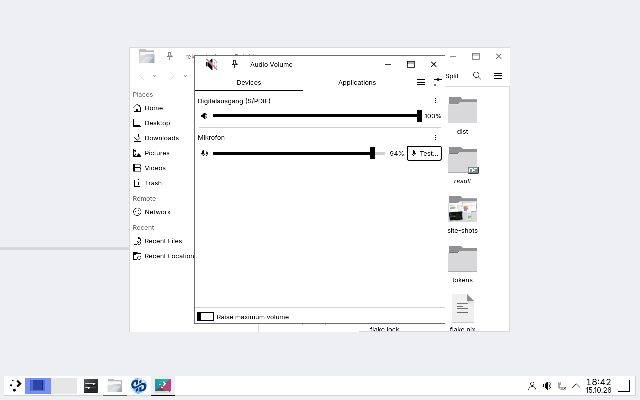 KDE Plasma in Rekta Light: a flush panel with a hairline, Dolphin and the volume applet with 6px sliders and ink thumbs