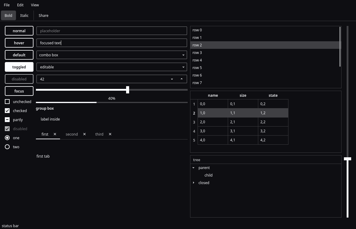 Qt widgets in Rekta Dark through Kvantum: buttons, fields, checkboxes, tabs, a list, a table and a tree