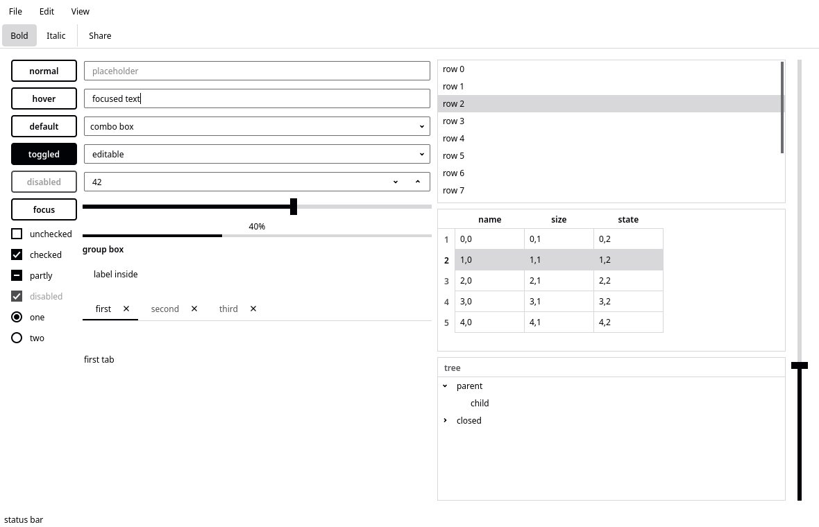 Qt widgets in Rekta Light through Kvantum: buttons, fields, checkboxes, tabs, a list, a table and a tree