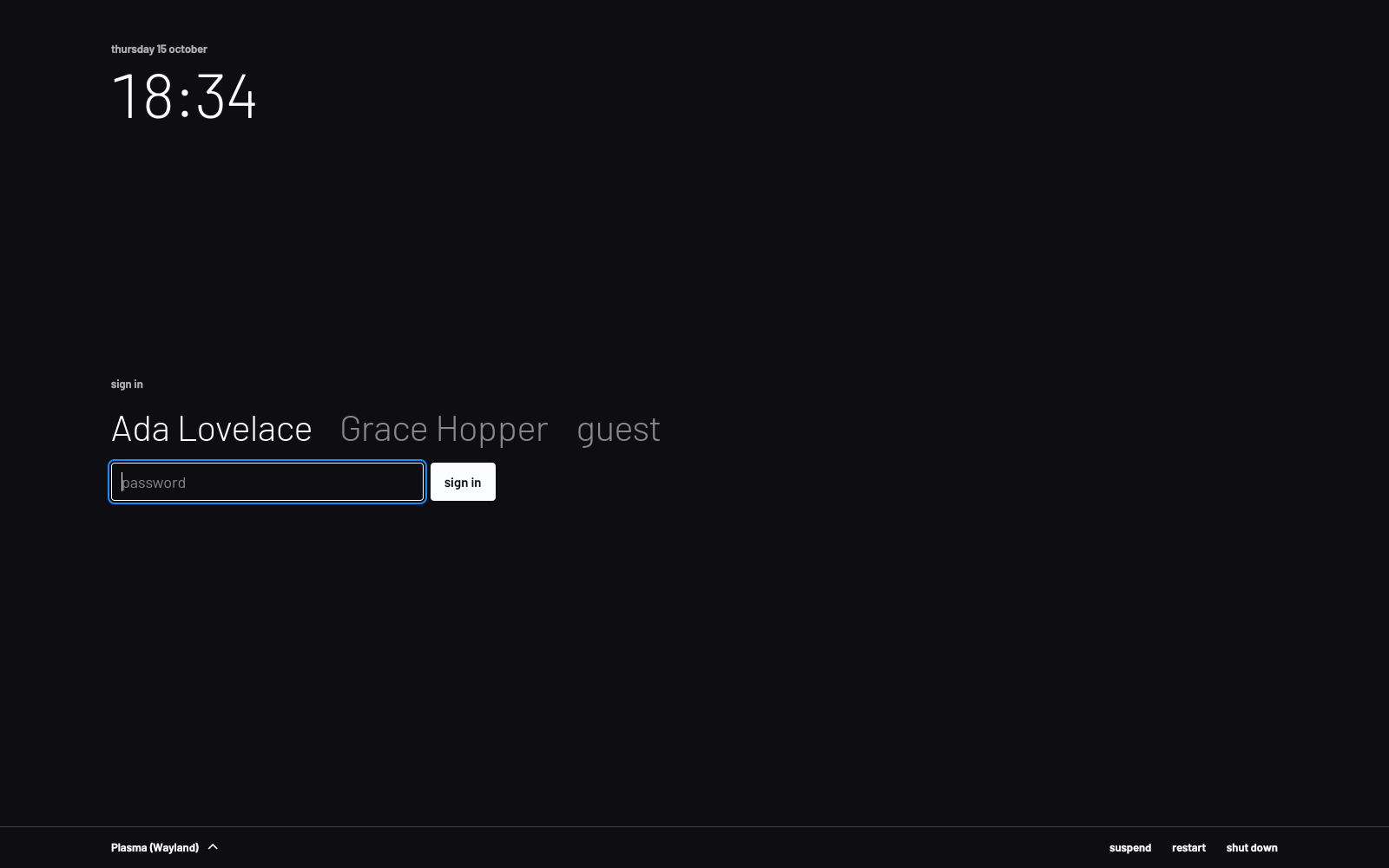 The Rekta login screen in dark: the date, the time large and light, the people as a pivot, one field and the sign-in button