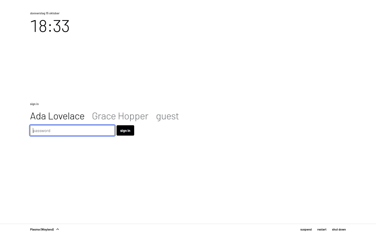 The Rekta login screen in light: the date, the time large and light, the people as a pivot, one field and the sign-in button